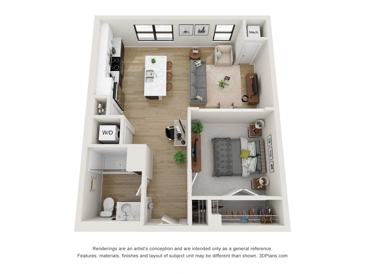 Floor plan for 1 bed, 1 bath, 731 sqft